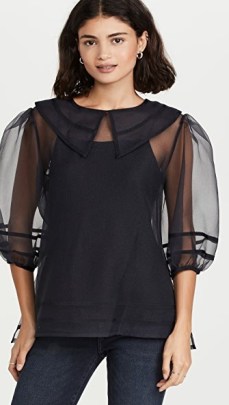 Jonathan Simkhai Katherine Organza Collar Blouse in Black ~ sheer balloon sleeve blouses ~ oversized collar tops