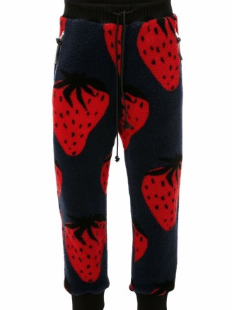 JW Anderson strawberry-print track pants / fleece textured fruit print joggers / unisex jogging bottoms / strawberries on sports fashion