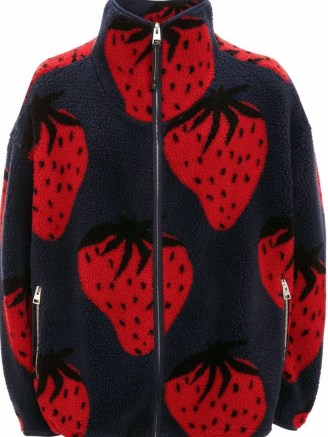 JW Anderson strawberry-print zipped jacket blue red / unisex fruit print fleece textured jackets / strawberries on fashion - flipped