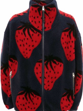 JW Anderson strawberry-print zipped jacket blue red / unisex fruit print fleece textured jackets / strawberries on fashion