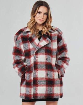 KAPORAL FEO Checked Coat Beige / Red ~ women’s relaxed fit military style coats ~ spartoo womens outerwear - flipped