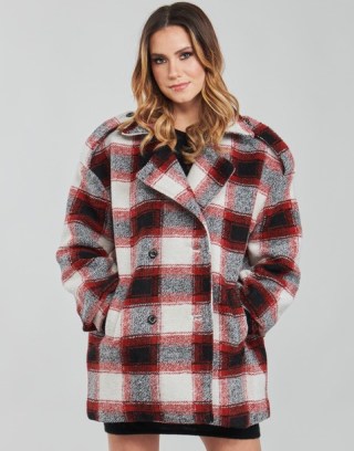 KAPORAL FEO Checked Coat Beige / Red ~ women’s relaxed fit military style coats ~ spartoo womens outerwear