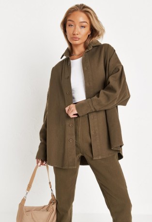 MISSGUIDED khaki co ord oversized denim shirt ~ womens casual on-trend shirts - flipped