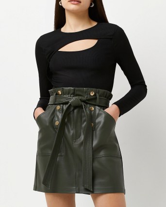 River Island Khaki faux leather belted mini skirt – green tie waist skirts - flipped