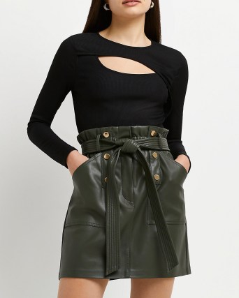 River Island Khaki faux leather belted mini skirt – green tie waist skirts