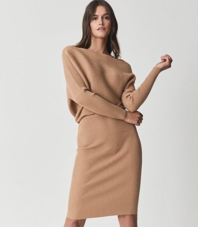 REISS LARA OFF-THE-SHOULDER KNITTED DRESS CAMEL ~ light brown long sleeve rib knit dresses ~ asymmetric neckline fashion - flipped