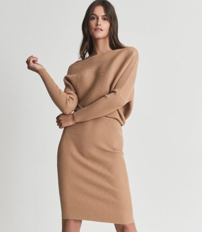REISS LARA OFF-THE-SHOULDER KNITTED DRESS CAMEL ~ light brown long sleeve rib knit dresses ~ asymmetric neckline fashion