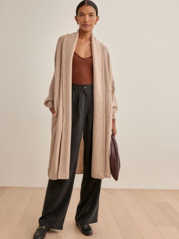 Reformation Liam Cashmere Long Cardigan in Oatmeal | neutral longline open front cardigans | womens luxe knitwear | classic knits - flipped