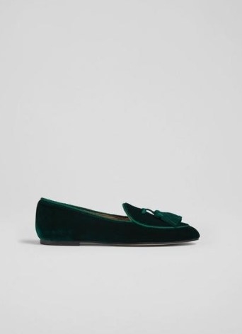 L.K. BENNETT LIBERTY GREEN VELVET TASSEL-DETAIL SLIPPERS ~ womens luxe style tasseled loafers ~ jewel tone flats - flipped