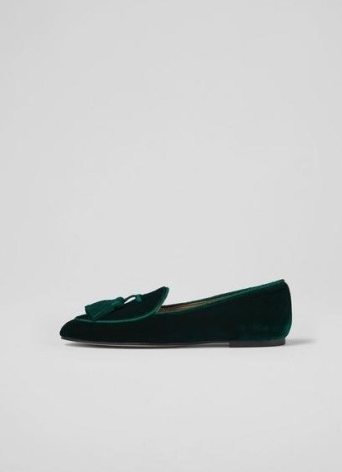 L.K. BENNETT LIBERTY GREEN VELVET TASSEL-DETAIL SLIPPERS ~ womens luxe style tasseled loafers ~ jewel tone flats