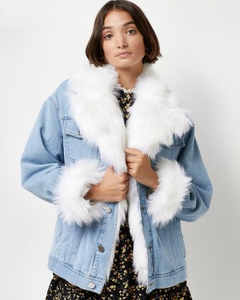 River Island Light blue faux fur trim denim trucker jacket – womens casual winter jackets - flipped