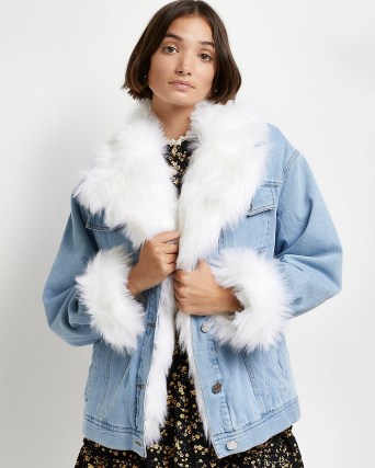 River Island Light blue faux fur trim denim trucker jacket – womens casual winter jackets