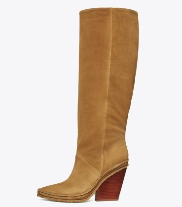 TORY BURCH LILA HEELED TALL BOOT in ALCE ~ brown slanted block heel boots ~ womens Western inspired footwear - flipped