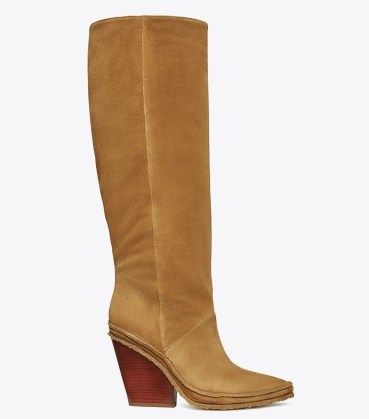 TORY BURCH LILA HEELED TALL BOOT in ALCE ~ brown slanted block heel boots ~ womens Western inspired footwear