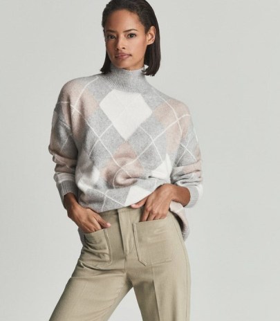 Reiss LISA ARGYLE KNIT ROLL NECK JUMPER GREY | on trend high neck patterned jumpers | womens fashionable knitwear