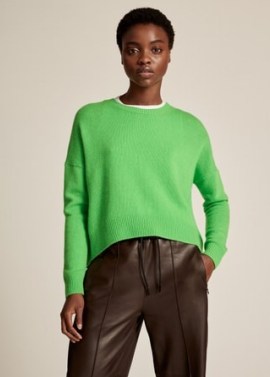 Me and Em Lofty Cashmere Curved Hem Jumper in Electric Green ~ womens luxe crew neck jumpers ~ women’s cropped length drop shoulder sweaters - flipped