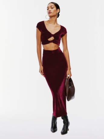REFORMATION Lois Velvet Top in Deep Red ~ fitted crop hem cut out tops ~ luxe style cutout fashion - flipped