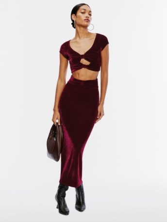 REFORMATION Lois Velvet Top in Deep Red ~ fitted crop hem cut out tops ~ luxe style cutout fashion