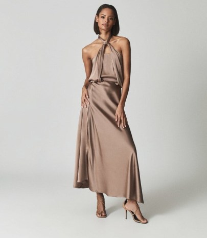 REISS LORENA HALTERNECK SATIN MIDI DRESS MINK ~ glamorous luxe evening occasion dresses ~ halter neck event wear - flipped