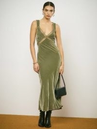 REFORMATION Lorenzo Velvet Dress in Artichoke ~ luxe green slip dresses ~ cut out back fashion