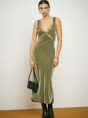 REFORMATION Lorenzo Velvet Dress in Artichoke ~ luxe green slip dresses ~ cut out back fashion - flipped