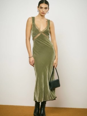 REFORMATION Lorenzo Velvet Dress in Artichoke ~ luxe green slip dresses ~ cut out back fashion