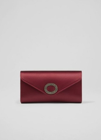 L.K. BENNETT LUCIANA BURGUNDY SATIN CRYSTAL TRIM CLUTCH / dark red embellished evening bags - flipped