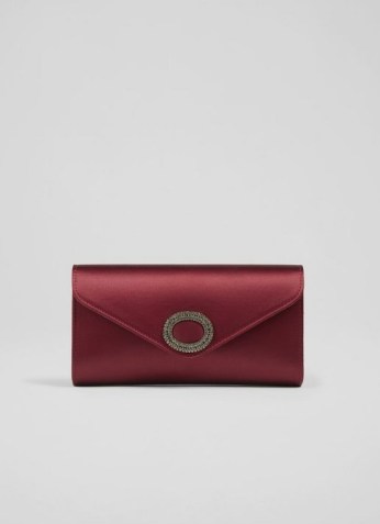 L.K. BENNETT LUCIANA BURGUNDY SATIN CRYSTAL TRIM CLUTCH / dark red embellished evening bags