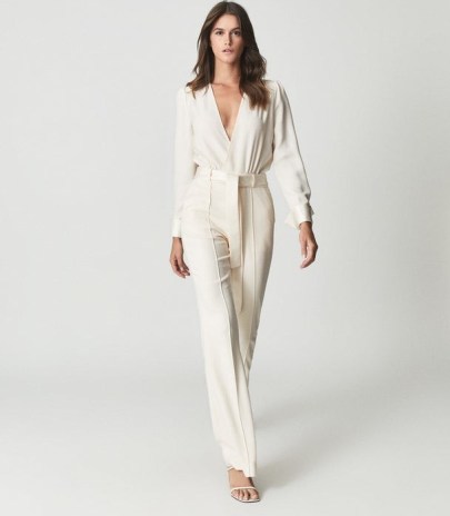 REISS LUKA TUX JUMPSUIT IVORY / luxe evening jumpsuits / glamorous plunge front occasionwear / occasion glamour - flipped