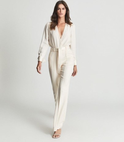 REISS LUKA TUX JUMPSUIT IVORY / luxe evening jumpsuits / glamorous plunge front occasionwear / occasion glamour