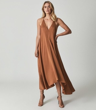 REISS MABEL PLUNGE NECK MAXI DRESS CARAMEL ~ brown floaty skinny strap occasion dresses ~ deep V plunging evening fashion