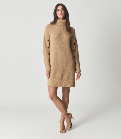 Reiss MAGGIE BUTTON-SLEEVE RIB-KNIT ROLL-NECK DRESS CAMEL | chunky high neck jumper dresses | light brown ribbed sweater dress | stylish knitted fashion - flipped