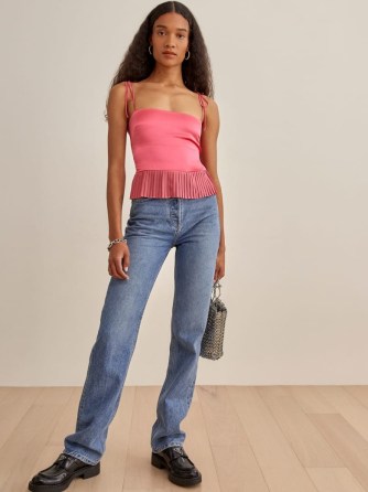 REFORMATION Mercer Top in Snapdragon ~ pink skinny strap fitted bodice pleated peplum hem tops - flipped