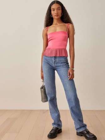 REFORMATION Mercer Top in Snapdragon ~ pink skinny strap fitted bodice pleated peplum hem tops