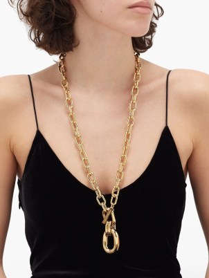 PACO RABANNE Hoop-pendant chain necklace – chunky longline gold tone necklaces – designer statement jewellery