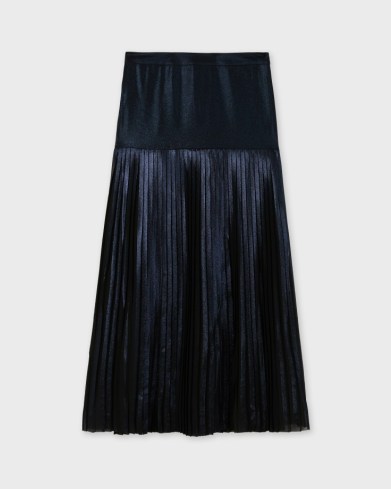 Ted Baker VIND Metallic Knife Pleat Midi Skirt With Split in Dark Navy | blue pleated evening skirts | shimmering occasion fashion | slit hem - flipped