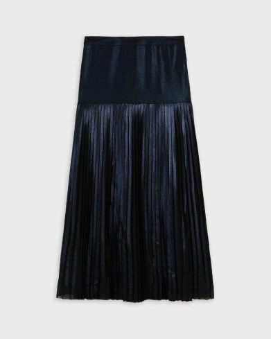 Ted Baker VIND Metallic Knife Pleat Midi Skirt With Split in Dark Navy | blue pleated evening skirts | shimmering occasion fashion | slit hem