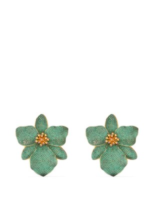 BEGUM KHAN Singapore Orchid 24kt gold-plated earrings ~ large green statement clip on earrings ~ floral jewellery ~ glamorous flower accessories