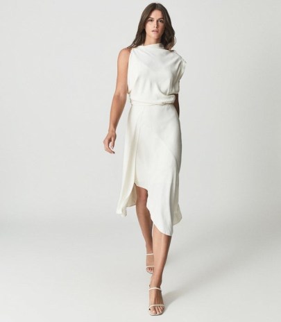 REISS MIKA SLEEVELESS DRESS IVORY ~ luxe asymmetric evening event dresses ~ fluid fabric occasion fashion - flipped