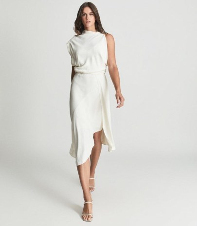 REISS MIKA SLEEVELESS DRESS IVORY ~ luxe asymmetric evening event dresses ~ fluid fabric occasion fashion
