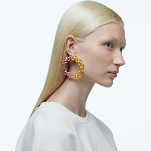 SWAROVSKI Millenia hoop earrings Pear cut crystals, Multicoloured, Gold-Tone – large statement hoops – glamorous jewellery – crystals - flipped