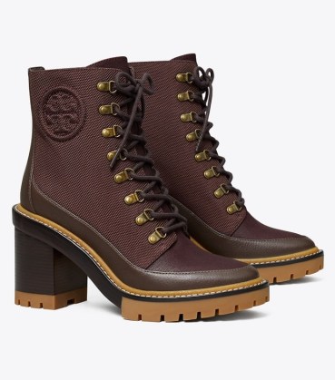 TORY BURCH MILLER LUG-SOLE ANKLE BOOT in Fig / Coconut ~ womens brown chunky lace up boots ~ women’s casual winter footwear