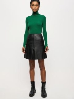 Jigsaw Mini Pleat Front Leather Skirt Black | luxe A-line skirts