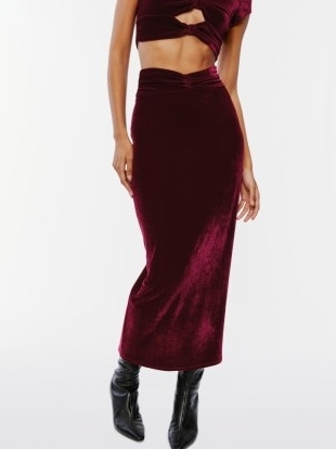 REFORMATION Moritz Velvet Skirt in Deep Red ~ luxe ruched waist pencil skirts - flipped