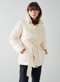 L.K. BENNETT MORZINE CREAM RECYCLED DOWN PUFFER JACKET – luxe style high funnel neck tie waist padded jackets