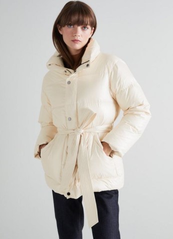 L.K. BENNETT MORZINE CREAM RECYCLED DOWN PUFFER JACKET – luxe style high funnel neck tie waist padded jackets - flipped
