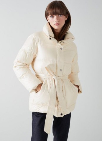 L.K. BENNETT MORZINE CREAM RECYCLED DOWN PUFFER JACKET – luxe style high funnel neck tie waist padded jackets