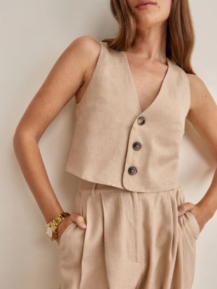Julianne Hough beige waistcoat style top, Reformation Mountain Top in Taupe, on Instagram, 21 October 2021 | celebrity social media fashion | sleeveless linen mix vest tops | star style clothing | what celebrities are wearing - flipped