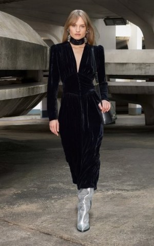 Isabel Marant Moyrani Velvet Midi Dress in Black – 70s inspired evening fashion – puff sleeve plunge front dresses - flipped