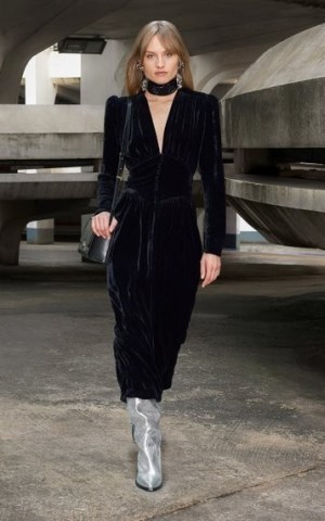 Isabel Marant Moyrani Velvet Midi Dress in Black – 70s inspired evening fashion – puff sleeve plunge front dresses